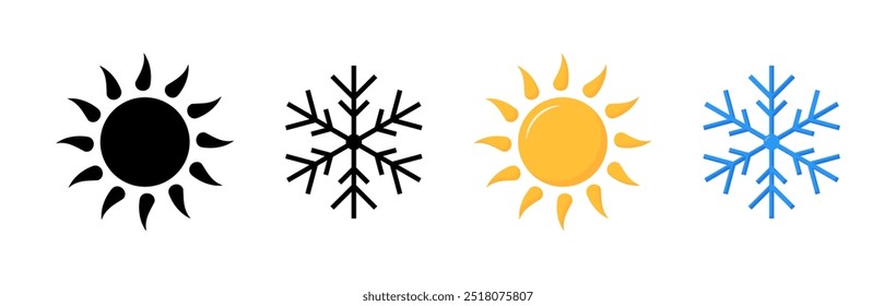 Symbole für Sonne und Schneeflocken. Flach und Silhouette Stil. Vektorsymbole.