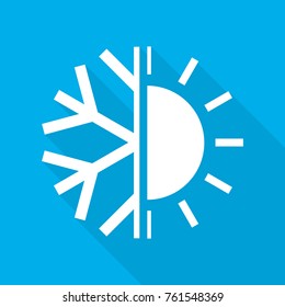 Sun and snowflake symbol of air conditioner. Vector illustration. Hot and cold icon in flat design on blue background.