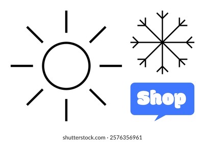 Sun and snowflake symbols with shop icon representing different seasons. Ideal for seasonal sales, promotions, shopping, climate change awareness, and marketing. Simple modern vector style