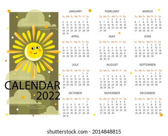 Sun. Solar Calendar 2022. Vector Calendar Template For Planners Notebook, Business Project 