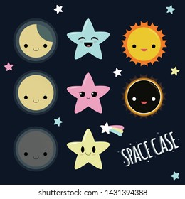 Sun, solar eclipse, moon, lunar eclipse, and stars kawaii pack