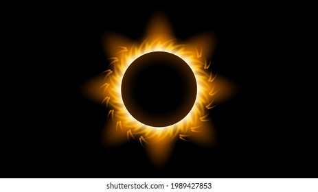 Sun Solar Eclipse Orange Fire Dark Background Vector Moon Design Style Space Science Glow Light