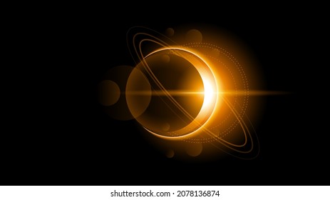 Sun Solar Eclipse Orange Fire Dark Background Vector Moon Design Style Space Science Glow Light