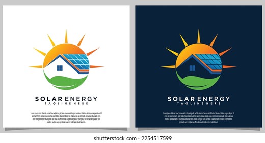 sun solar energy logo design with solar panel tech and home