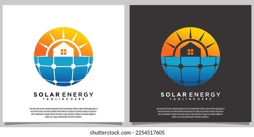 sun solar energy logo design with solar panel tech and home