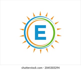 Sun Solar Energy Logo On Letter E Template. E Letter Solar Logo Design. Solar Panel Farm Electric Farming Industry Logo Template 