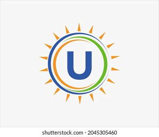 Sun Solar Energy Logo On Letter U Template. U Letter Solar Logo Design. Solar Panel Farm Electric Farming Industry Logo Template 