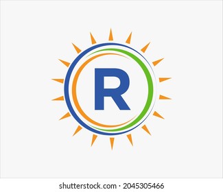 Sun Solar Energy Logo On Letter R Template. R Letter Solar Logo Design. Solar Panel Farm Electric Farming Industry Logo Template 