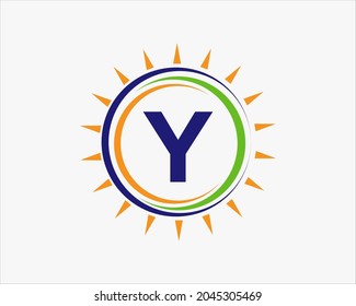 Sun Solar Energy Logo On Letter Y Template. Y Letter Solar Logo Design. Solar Panel Farm Electric Farming Industry Logo Template 