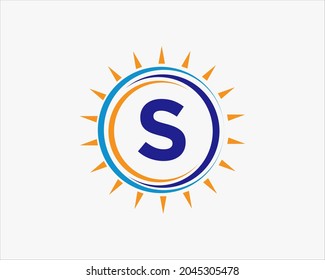 Sun Solar Energy Logo On Letter S Template. S Letter Solar Logo Design. Solar Panel Farm Electric Farming Industry Logo Template 