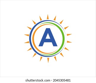 Sun Solar Energy Logo On Letter A Template. A Letter Solar Logo Design. Solar Panel Farm Electric Farming Industry Logo Template 