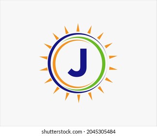 Sun Solar Energy Logo On Letter J Template. J Letter Solar Logo Design. Solar Panel Farm Electric Farming Industry Logo Template 