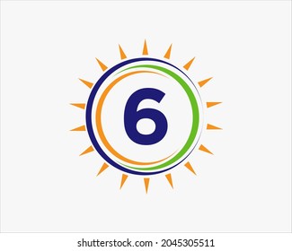 Sun Solar Energy Logo On Letter 6 Template. 6 Letter Solar Logo Design. Solar Panel Farm Electric Farming Industry Logo Template 