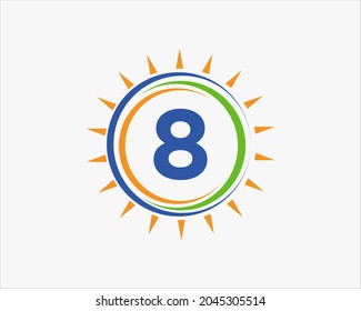 Sun Solar Energy Logo On Letter 8 Template. 8 Letter Solar Logo Design. Solar Panel Farm Electric Farming Industry Logo Template 
