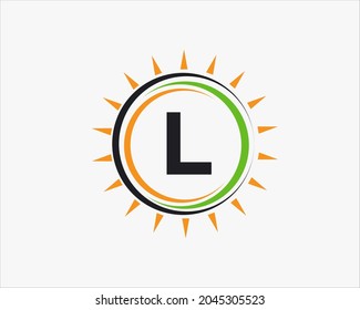 Sun Solar Energy Logo On Letter L Template. L Letter Solar Logo Design. Solar Panel Farm Electric Farming Industry Logo Template 