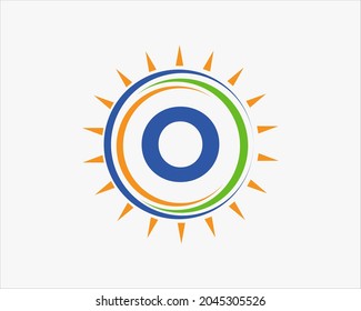 Sun Solar Energy Logo On Letter O Template. O Letter Solar Logo Design. Solar Panel Farm Electric Farming Industry Logo Template 