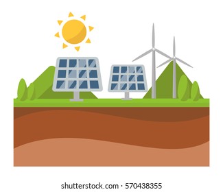 Sun solar energy panel and windmill power electricity technology vector.