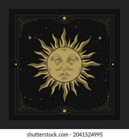 Sun or solar face with cloud in engraving style, hand drawn, line art, luxury, celestial, esoteric, boho