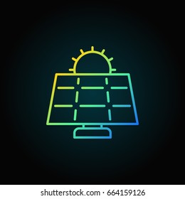 Sun and solar panel colorful icon. Vector solar energy concept outline sign or logo element on dark background