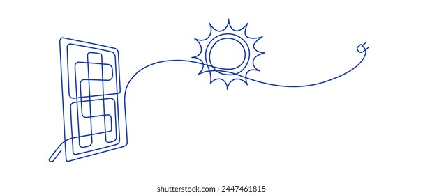 Sun and solar panel in continuous line. Renewable energy, green electricity, clean energy, ecology. Vector minimal illustration. Element of technologies sign. Editable stroke