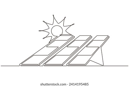 Sun and solar panel continuous one line icon drawing. Energy of sun with ecology power station vector illustration in doodle style. Contour line sign for innovation, environment, renewable