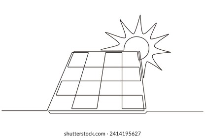 Sun and solar panel continuous one line icon drawing. Energy of sun with ecology power station vector illustration in doodle style. Contour line sign for innovation, environment, renewable