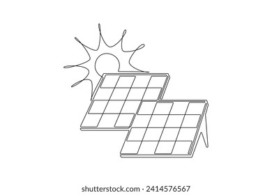 Sun and solar panel continuous one line icon drawing. Energy of sun with ecology power station vector illustration in doodle style. Contour line sign for innovation, environment, renewable