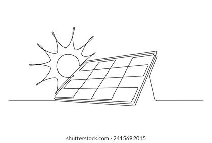 Sun and solar panel continuous one line icon drawing. Energy of sun with ecology power station vector illustration in doodle style. Contour line sign for innovation, environment, renewable