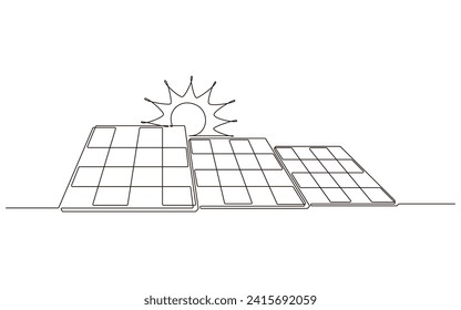 Sun- und Solarpaneelen zeichnen kontinuierlich ein Zeilensymbol. Sonnenenergie mit Ökologie-Kraftwerk Vektorgrafik im Doodle-Stil. Leitzeichen für Innovation, Umwelt, erneuerbare Energien