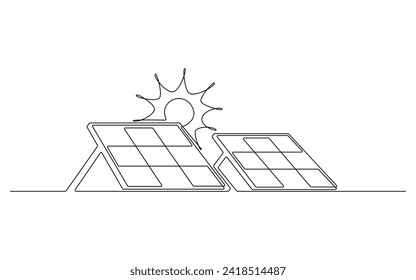 Dibujo continuo de un icono de una línea en el panel solar y solar. Energía del sol con ilustración vectorial de la estación de energía de la ecología en estilo doodle. Signo de línea de contorno para innovación, medio ambiente, renovable