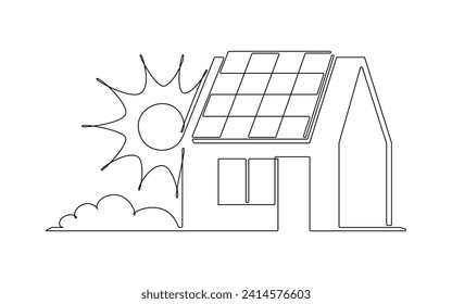 Sol, panel solar, casa un dibujo continuo de un icono de línea. Energía del sol con ecología de la estación de energía del hogar ilustración vectorial en el estilo doodle. Signo de línea de contorno para innovación, medio ambiente, renovable