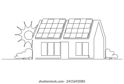 Sol, panel solar, casa un dibujo continuo de un icono de línea. Energía del sol con ecología de la estación de energía del hogar ilustración vectorial en el estilo doodle. Signo de línea de contorno para innovación, medio ambiente, renovable