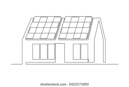 Sonne, Solarpaneel, Haus durchgehende eine Linie Icon Zeichnung. Energie der Sonne mit Ökologie-Kraftwerk, Vektorgrafik im Doodle-Stil. Leitzeichen für Innovation, Umwelt, erneuerbare Energien