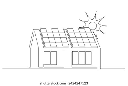 Sun, solar panel, house continuous one line icon drawing. Energy of sun with ecology home power station vector illustration in doodle style. Contour line sign for innovation, environment, renewable