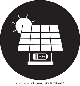 Sun and solar panel icon on black circle background