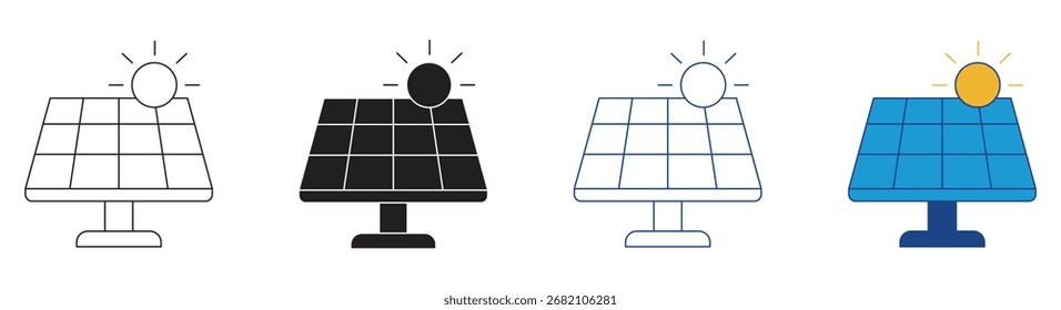 Conjunto de iconos de sol y panel solar, símbolo de energía ecológica, renovable y sostenible. Ilustración vectorial.