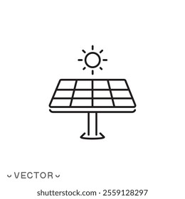 sun and solar panel icon, thin line symbol isolated on white background, editable stroke eps 10 vector illustration