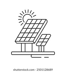Concepto de energía solar del arte de la línea del sol y del panel solar con la Ilustración vectorial de la central eléctrica de la ecología Concepto innovador de la energía renovable