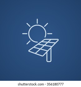 Sun with solar panel line icon for web, mobile and infographics. Vector light blue icon isolated on blue background.