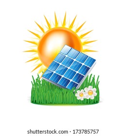 sun and solar panel on grass isolated on white background