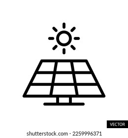 Sun and solar panel, Renewable energy concept vector icon in line style design for website, app, UI, isolated on white background. Editable stroke. EPS 10 vector illustration.