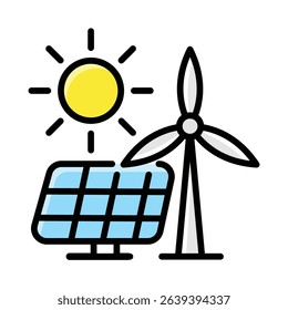 Sun, solar panel, windmill  a sustainable energy composition perfect for renewable energy concepts, ecofriendly campaigns, and green technology design.