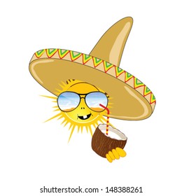 sun with sombrero and coconut vector illustration