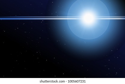Sun in Space. Cosmos. Sunshine on a Starry Background. Stars in the Sky. Bright Sunlight in the Cosmos. Solar Glare. Sun in Space for Wallpaper, Presentation, Banner, Web Design. Shine. Star Light.