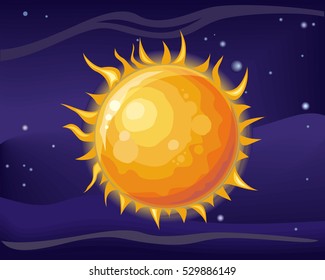Sun in space star background. Bright and hot orange sun. Element of solar system. Cosmic galaxy background with bright shining stars. Solar system. Cool sun in space. Vector illustration.