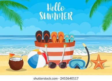 Sun, sparkling ocean and palms. Tropical background with beach bag, flip-flops, sunglasses, starfish and ball on the sandy beach