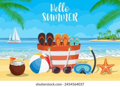 Sun, sparkling ocean and palms. Tropical background with beach bag, flip-flops, sunglasses, starfish and ball on the sandy beach