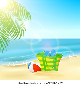 Sun, sparkling ocean and palms, tropical background with beach bag, flip-flops and ball on the sandy beach, illustration.