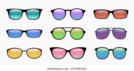 Sun spectacles. Various trendy summer sunglasses with different lens, fashion plastic glasses. Sunlight eyeglasses set. Vector illustration