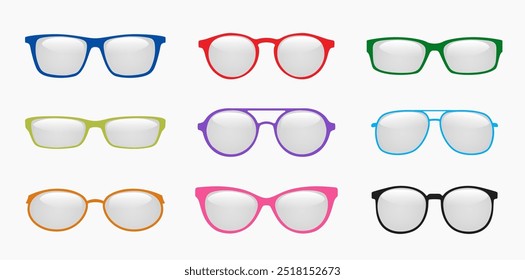 Sun spectacles. Various trendy summer sunglasses. Different color plastic eye glasses. Sunlight eyeglasses set. Vector EPS 10